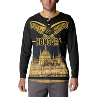 Black button sweatshirt with gold eagle, "HUNGARY" text, and skyline print, long sleeves