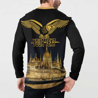 Black button sweatshirt back view with gold eagle, skyline print, "YOUR TEXT" center