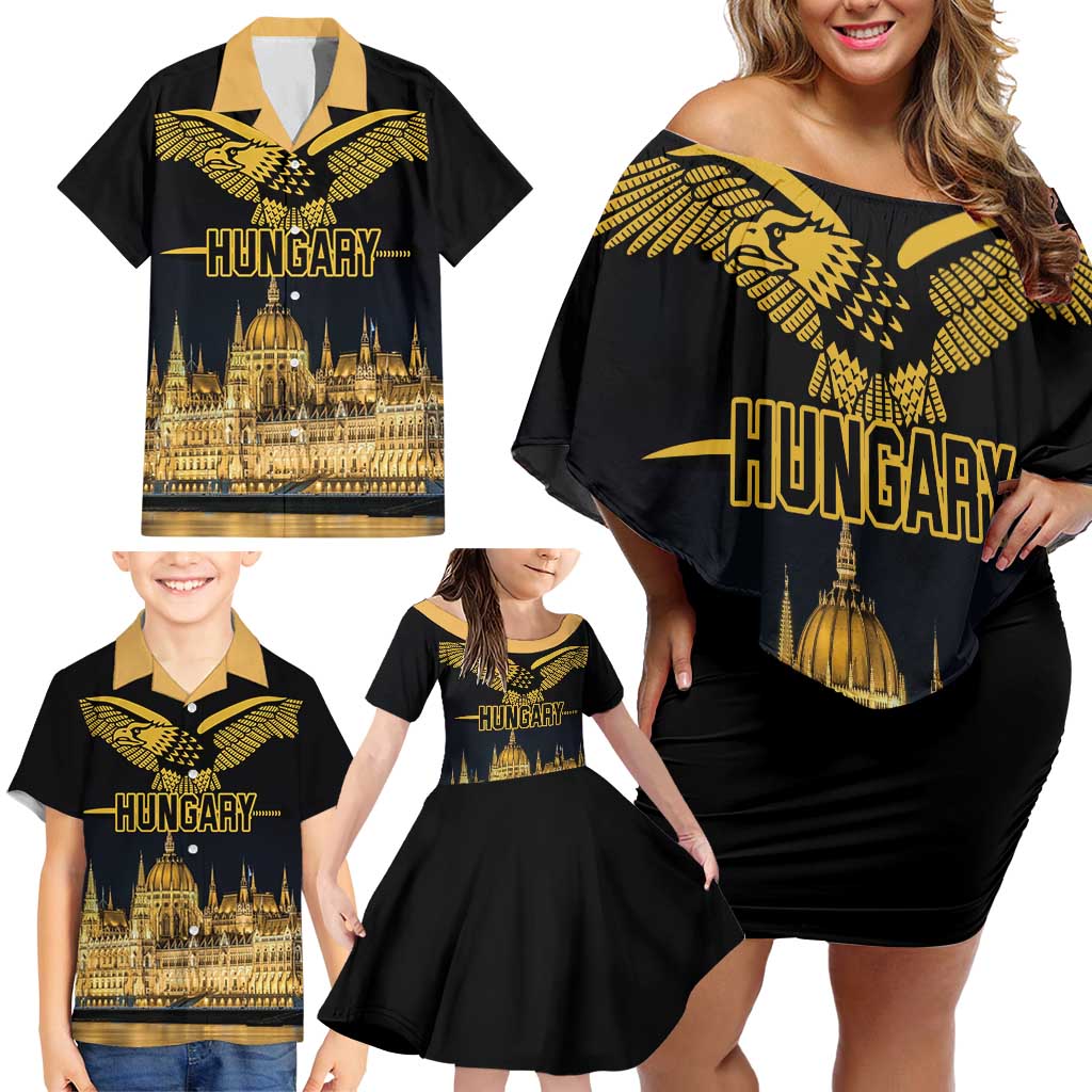 Personalized Hungary Budapest Capital Family Matching Off Shoulder Short Dress and Hawaiian Shirt Hungarian Turul Bird - Wonder Print Shop