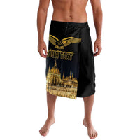 Black shorts with gold bird and skyline print, yellow text graphic