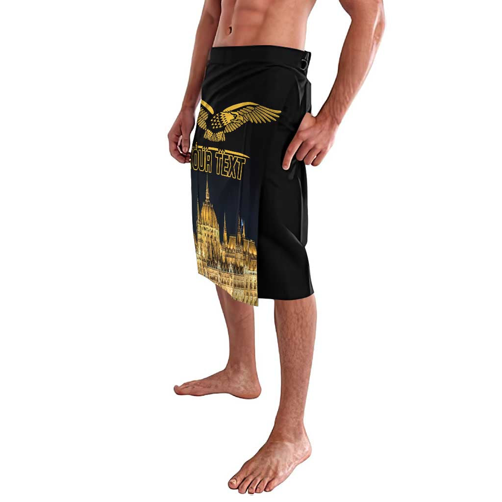 Black shorts with gold bird and city skyline print, drawstring waistband