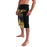 Black shorts with gold bird and city skyline print, drawstring waistband