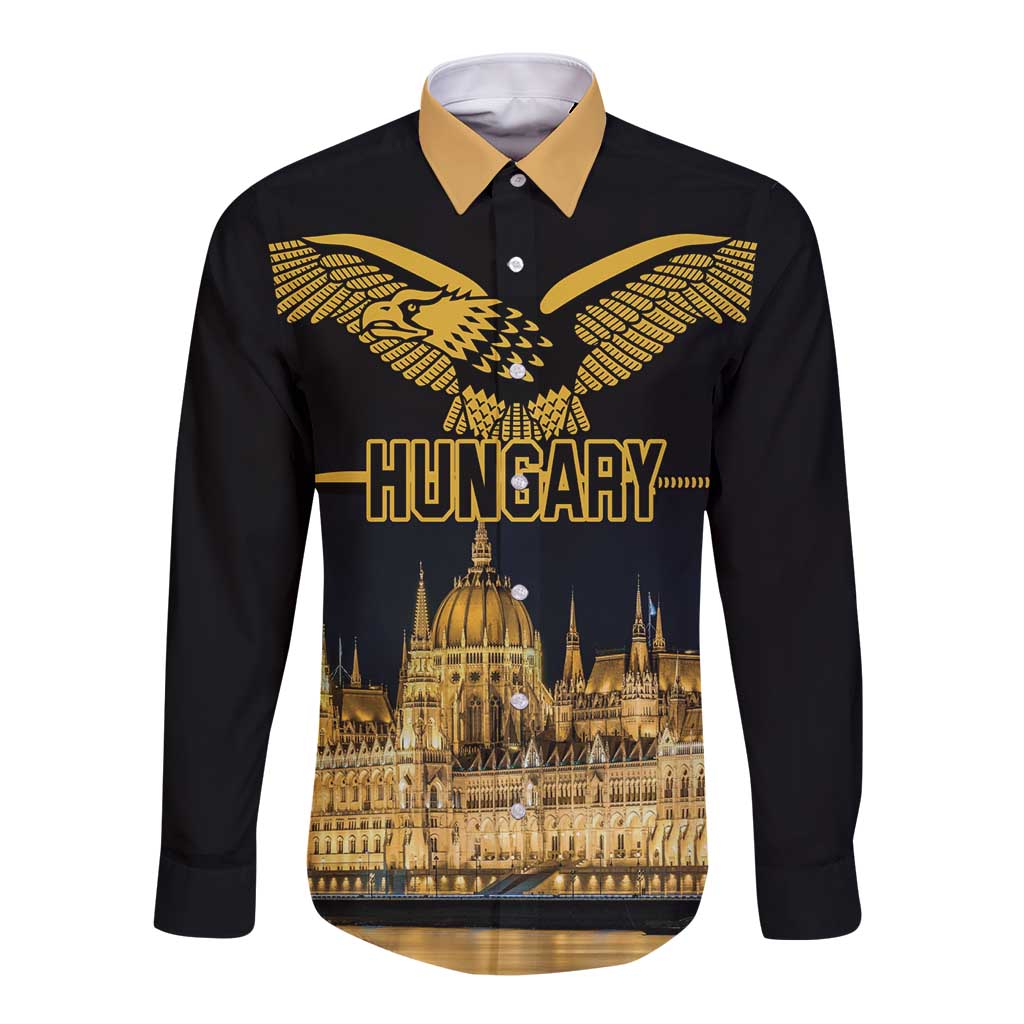 Black long-sleeve button shirt with yellow collar and front turul bird graphic