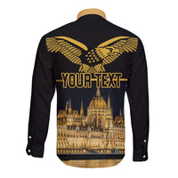 Black long-sleeve button shirt, back turul bird print with Hungarian Parliament photo