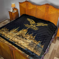 Black quilt on bed with gold eagle, Budapest skyline print, and YOURTEXT lettering