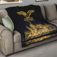 Black quilt on sofa with gold eagle over Budapest skyline and YOURTEXT