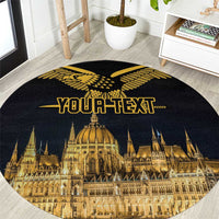 Black round carpet with gold Budapest skyline, Turul bird emblem, and “YOUR TEXT” print