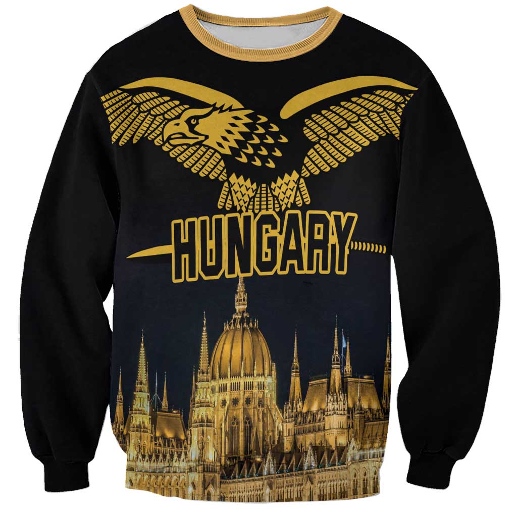 Black unisex sweatshirt with gold bird graphic, 'HUNGARY' and Budapest skyline print