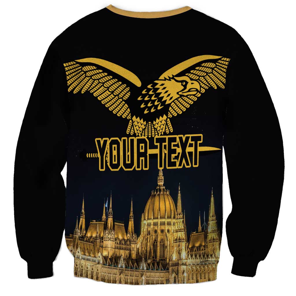 Black unisex sweatshirt with gold bird, 'YOUR TEXT' layout and Budapest skyline print
