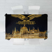 Black tablecloth with golden Turul bird and Budapest landmark graphic, custom text area