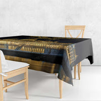 Black tablecloth corner view with golden Budapest landmark print and draped side panel