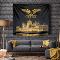 Black wall tapestry with gold turul bird, Budapest skyline, and 'YOUR TEXT' center