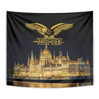 Black tapestry detail with gold turul bird, 'YOUR TEXT', and Budapest Parliament skyline