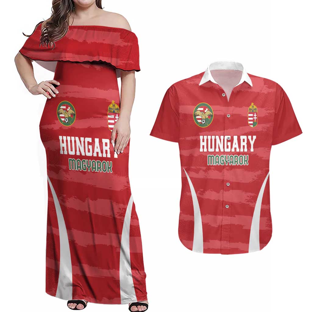 Custom Hungary Football Couples Matching Off Shoulder Maxi Dress and Hawaiian Shirt Magyarok Classic Football - Wonder Print Shop