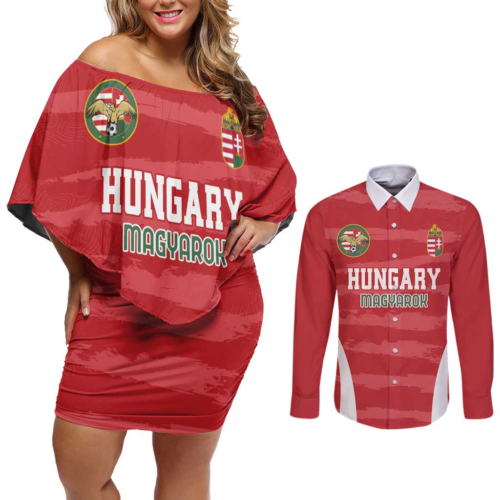 Custom Hungary Football Couples Matching Off Shoulder Short Dress and Long Sleeve Button Shirt Magyarok Classic Football - Wonder Print Shop