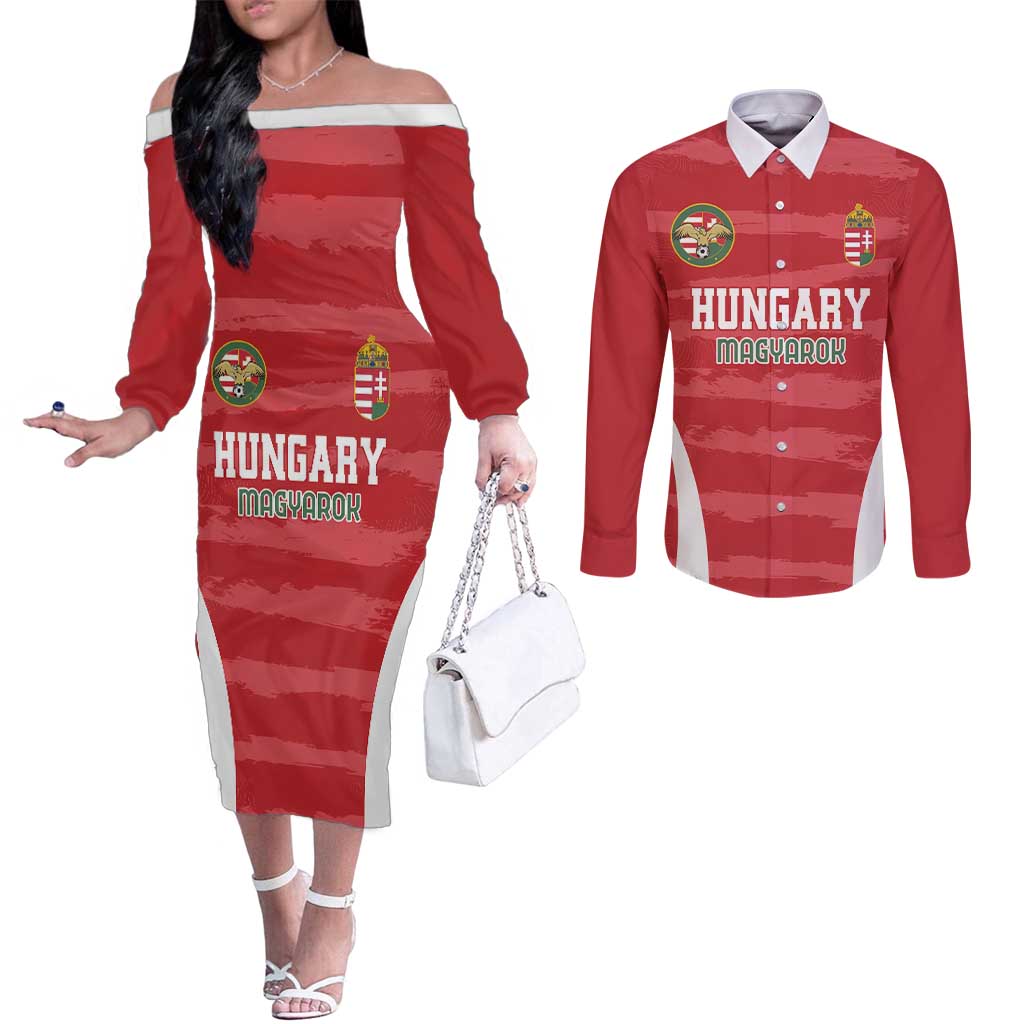 Custom Hungary Football Couples Matching Off The Shoulder Long Sleeve Dress and Long Sleeve Button Shirt Magyarok Classic Football LT18