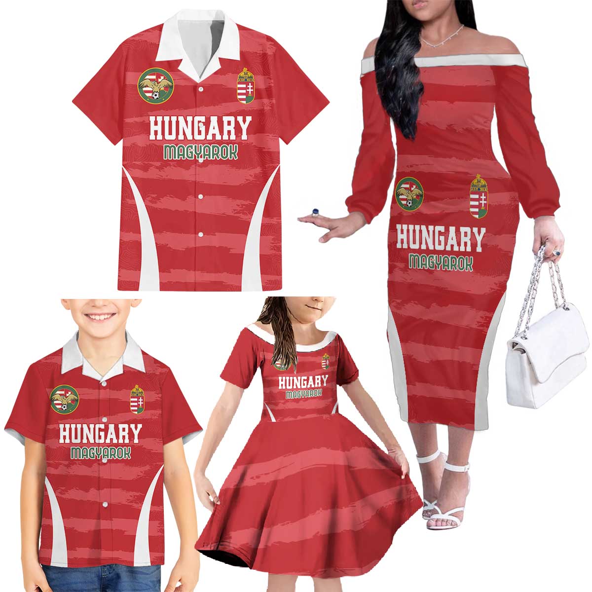 Custom Hungary Football Family Matching Off The Shoulder Long Sleeve Dress and Hawaiian Shirt Magyarok Classic Football - Wonder Print Shop