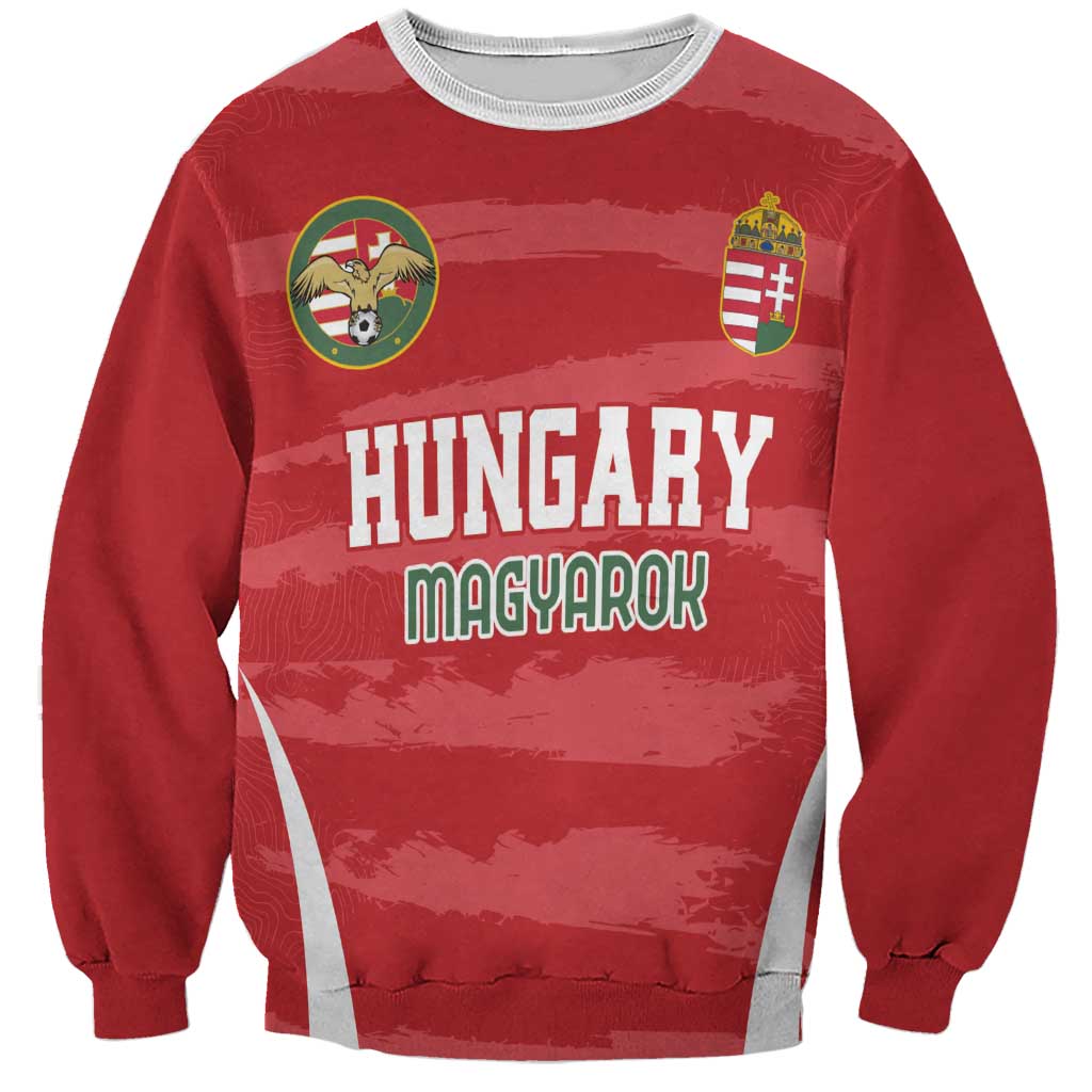 Red crew-neck football sweatshirt with 'HUNGARY' and 'MAGYAROK' front print