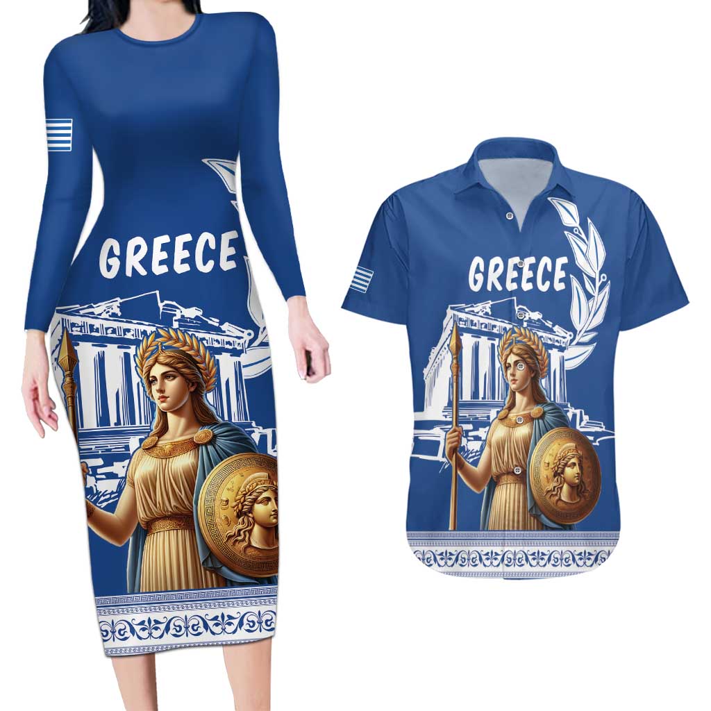 Personalized Greece Athena Goddess Couples Matching Long Sleeve Bodycon Dress and Hawaiian Shirt Parthenon Greek Key Patterns