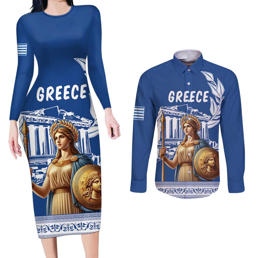 Personalized Greece Athena Goddess Couples Matching Long Sleeve Bodycon Dress and Long Sleeve Button Shirt Parthenon Greek Key Patterns