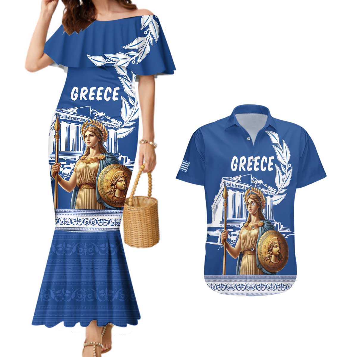 Personalized Greece Athena Goddess Couples Matching Mermaid Dress and Hawaiian Shirt Parthenon Greek Key Patterns