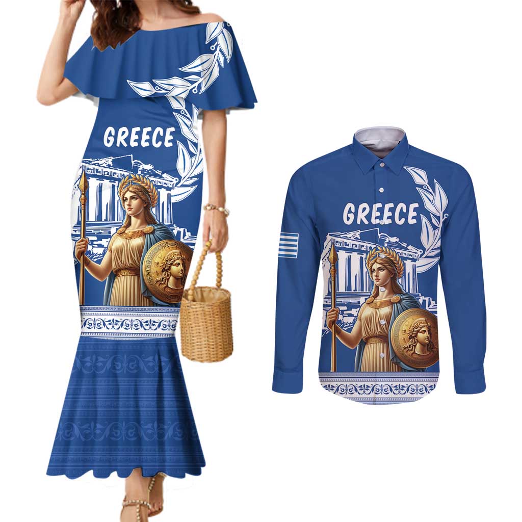 Personalized Greece Athena Goddess Couples Matching Mermaid Dress and Long Sleeve Button Shirt Parthenon Greek Key Patterns