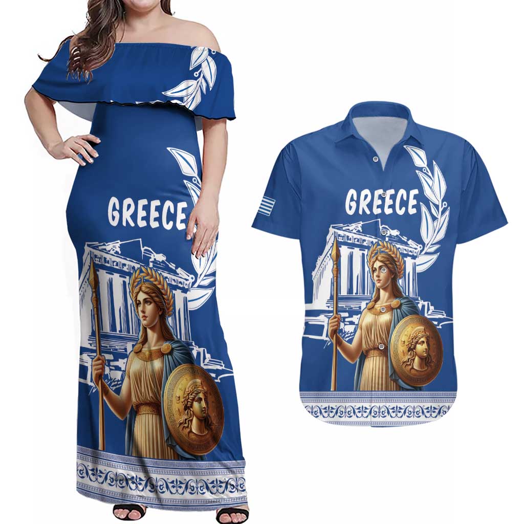 Personalized Greece Athena Goddess Couples Matching Off Shoulder Maxi Dress and Hawaiian Shirt Parthenon Greek Key Patterns