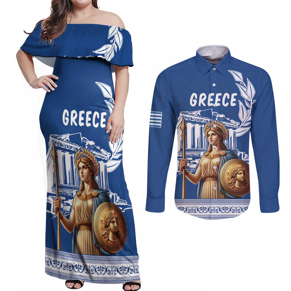 Personalized Greece Athena Goddess Couples Matching Off Shoulder Maxi Dress and Long Sleeve Button Shirt Parthenon Greek Key Patterns