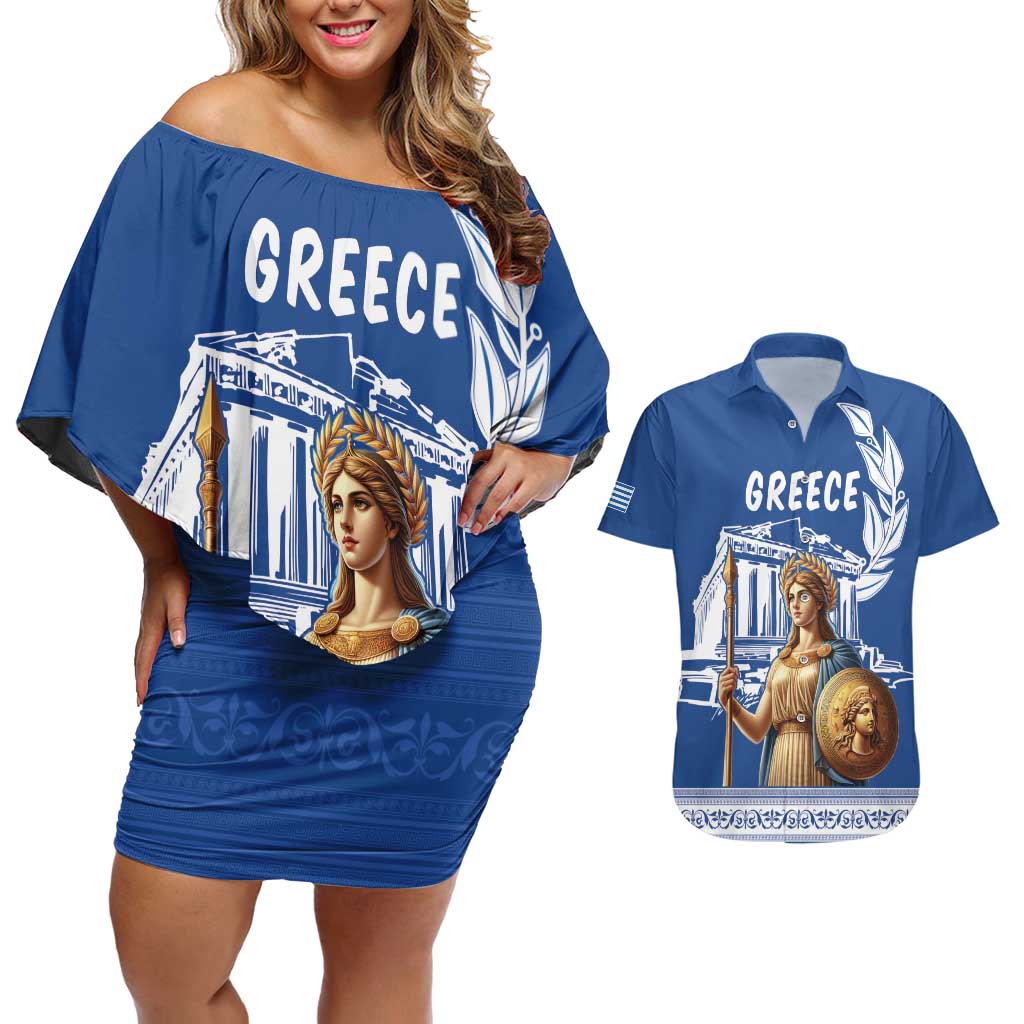 Personalized Greece Athena Goddess Couples Matching Off Shoulder Short Dress and Hawaiian Shirt Parthenon Greek Key Patterns