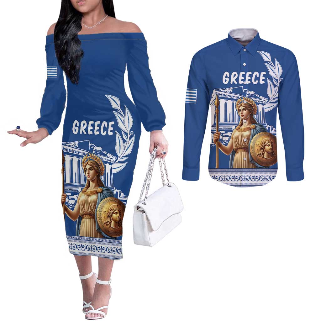 Personalized Greece Athena Goddess Couples Matching Off The Shoulder Long Sleeve Dress and Long Sleeve Button Shirt Parthenon Greek Key Patterns