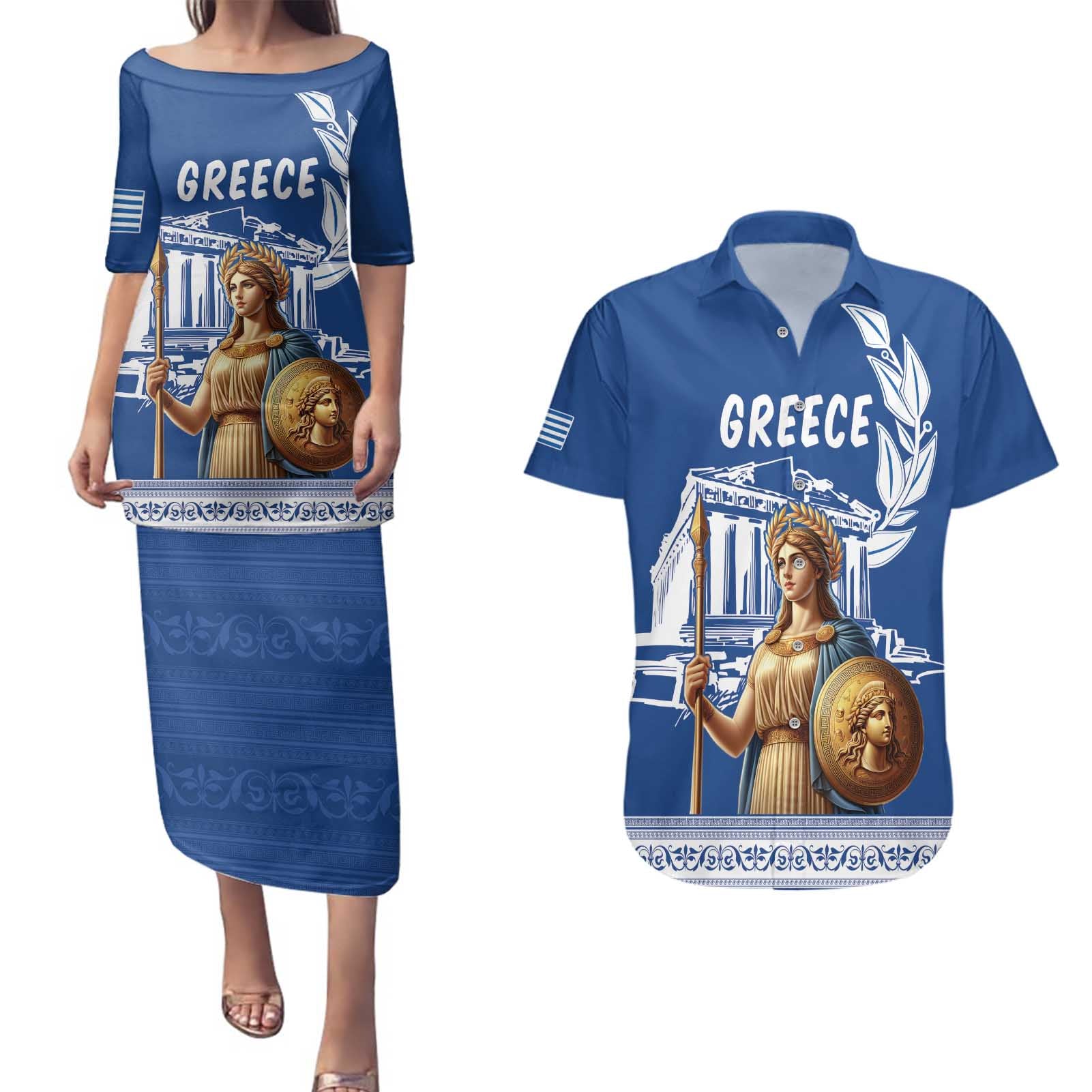 Personalized Greece Athena Goddess Couples Matching Puletasi and Hawaiian Shirt Parthenon Greek Key Patterns