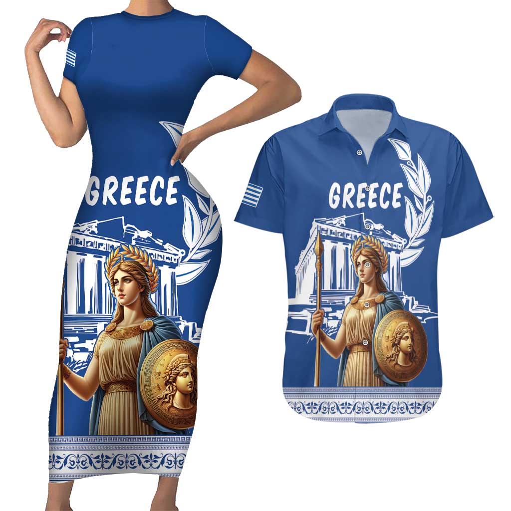 Personalized Greece Athena Goddess Couples Matching Short Sleeve Bodycon Dress and Hawaiian Shirt Parthenon Greek Key Patterns