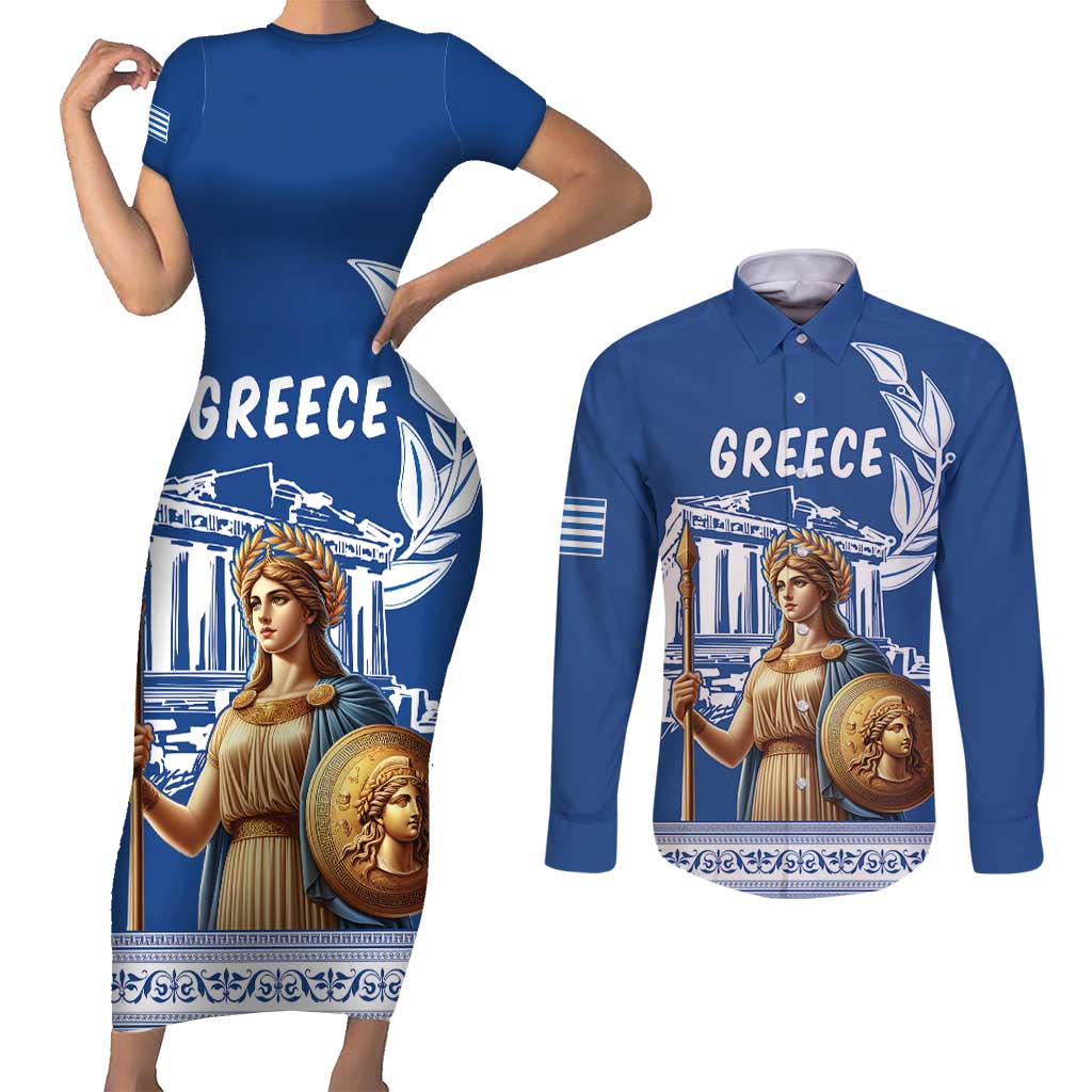 Personalized Greece Athena Goddess Couples Matching Short Sleeve Bodycon Dress and Long Sleeve Button Shirt Parthenon Greek Key Patterns