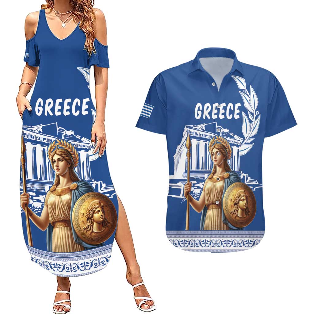 Personalized Greece Athena Goddess Couples Matching Summer Maxi Dress and Hawaiian Shirt Parthenon Greek Key Patterns