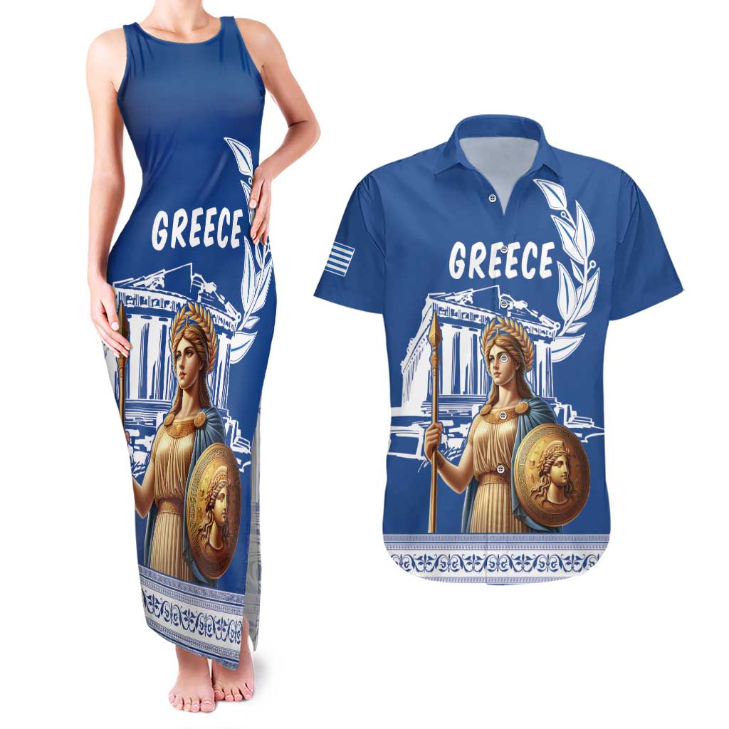 Personalized Greece Athena Goddess Couples Matching Tank Maxi Dress and Hawaiian Shirt Parthenon Greek Key Patterns