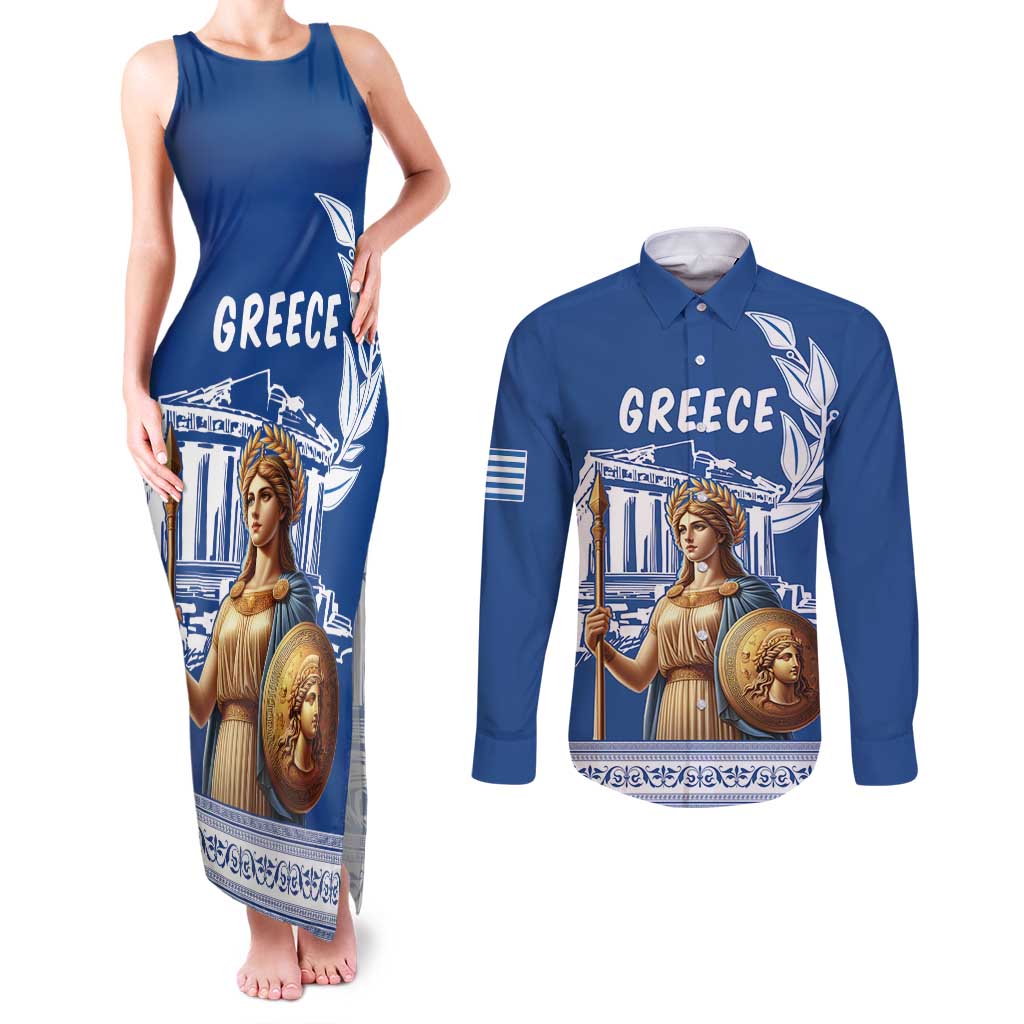 Personalized Greece Athena Goddess Couples Matching Tank Maxi Dress and Long Sleeve Button Shirt Parthenon Greek Key Patterns