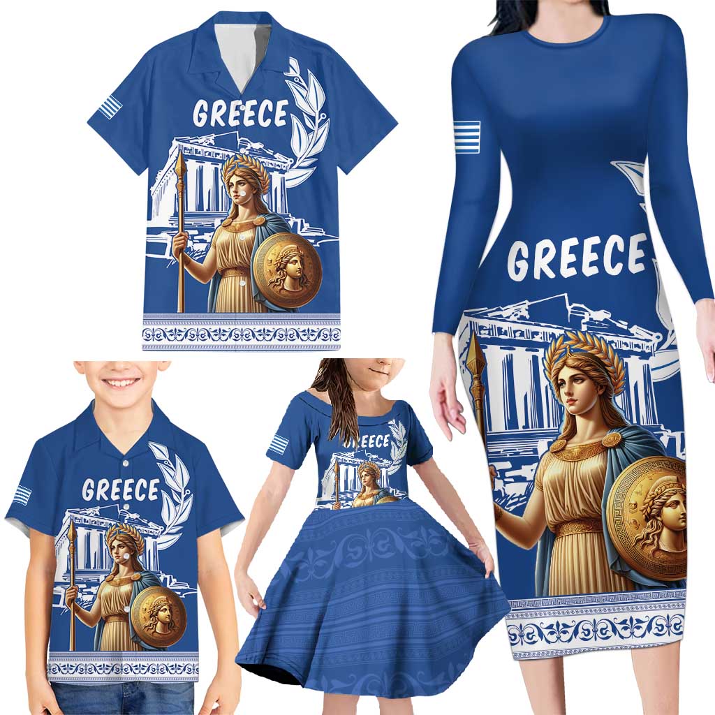 Personalized Greece Athena Goddess Family Matching Long Sleeve Bodycon Dress and Hawaiian Shirt Parthenon Greek Key Patterns