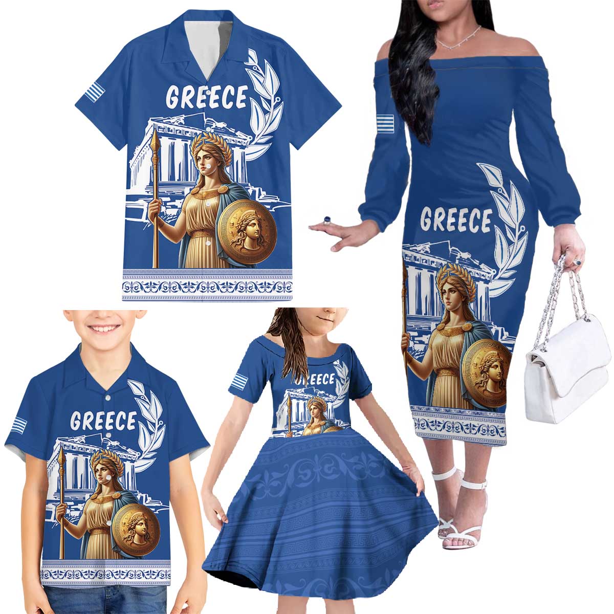 Personalized Greece Athena Goddess Family Matching Off The Shoulder Long Sleeve Dress and Hawaiian Shirt Parthenon Greek Key Patterns