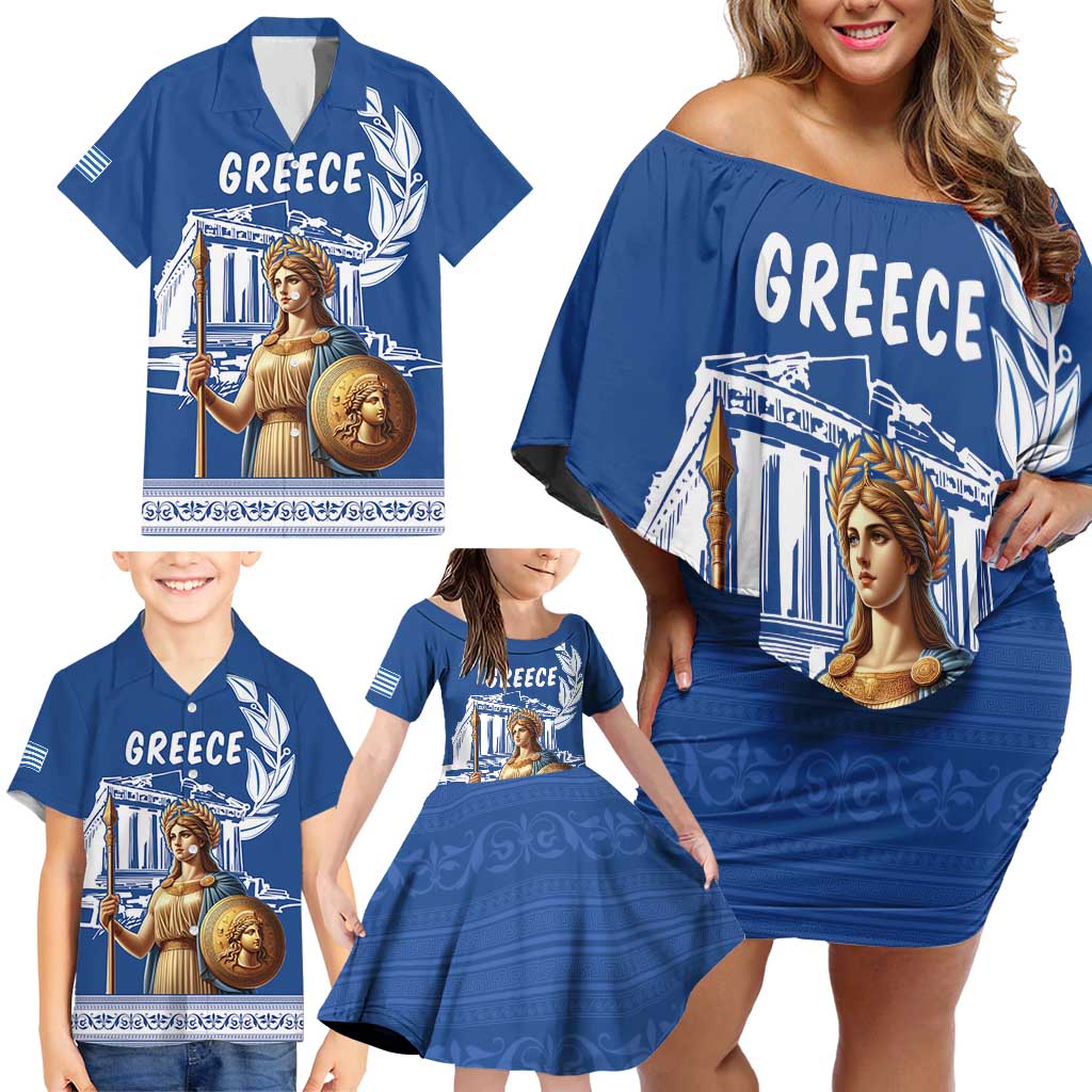 Personalized Greece Athena Goddess Family Matching Off Shoulder Short Dress and Hawaiian Shirt Parthenon Greek Key Patterns