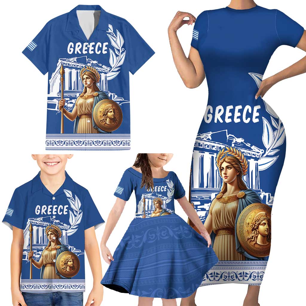 Personalized Greece Athena Goddess Family Matching Short Sleeve Bodycon Dress and Hawaiian Shirt Parthenon Greek Key Patterns