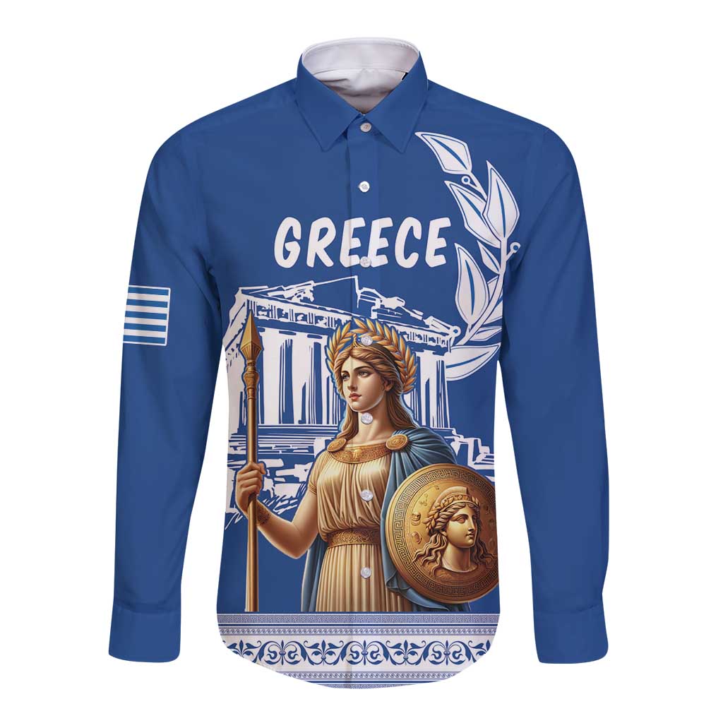 Personalized Greece Athena Goddess Long Sleeve Button Shirt Parthenon Greek Key Patterns