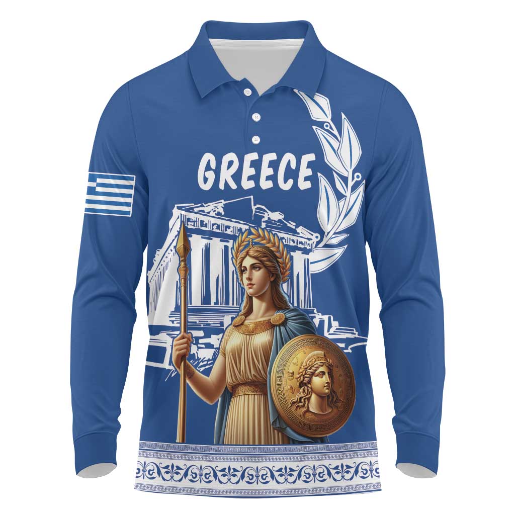 Personalized Greece Athena Goddess Long Sleeve Polo Shirt Parthenon Greek Key Patterns