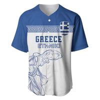 Blue baseball jersey with V-neck, front crest print reading Greece Ethniki