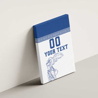 Vertical canvas wall art on wall with blue top band, Greek key border, 00, YOUR TEXT