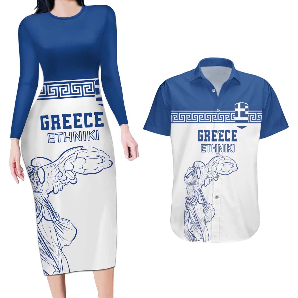 Custom Greece Football Couples Matching Long Sleeve Bodycon Dress and Hawaiian Shirt Go Champions Ethniki LT18