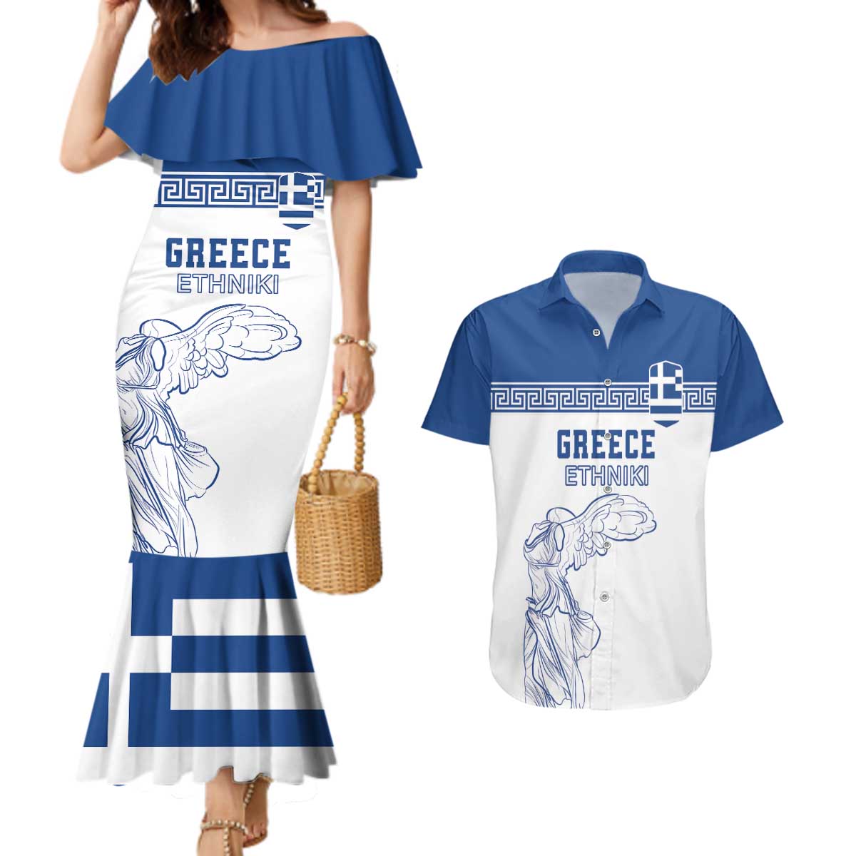 Custom Greece Football Couples Matching Mermaid Dress and Hawaiian Shirt Go Champions Ethniki LT18