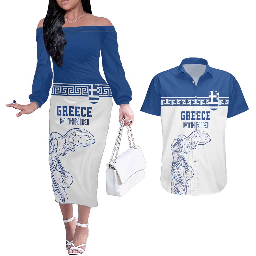 Custom Greece Football Couples Matching Off The Shoulder Long Sleeve Dress and Hawaiian Shirt Go Champions Ethniki LT18