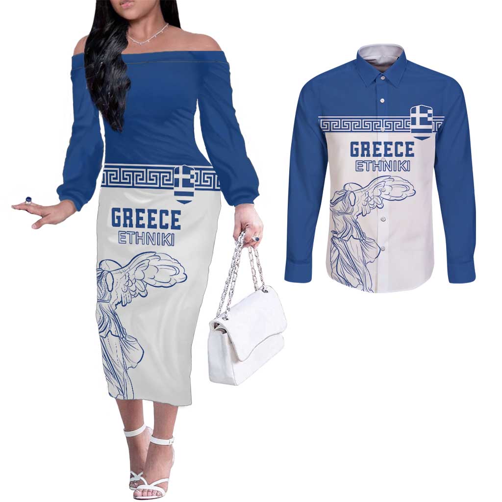 Custom Greece Football Couples Matching Off The Shoulder Long Sleeve Dress and Long Sleeve Button Shirt Go Champions Ethniki LT18