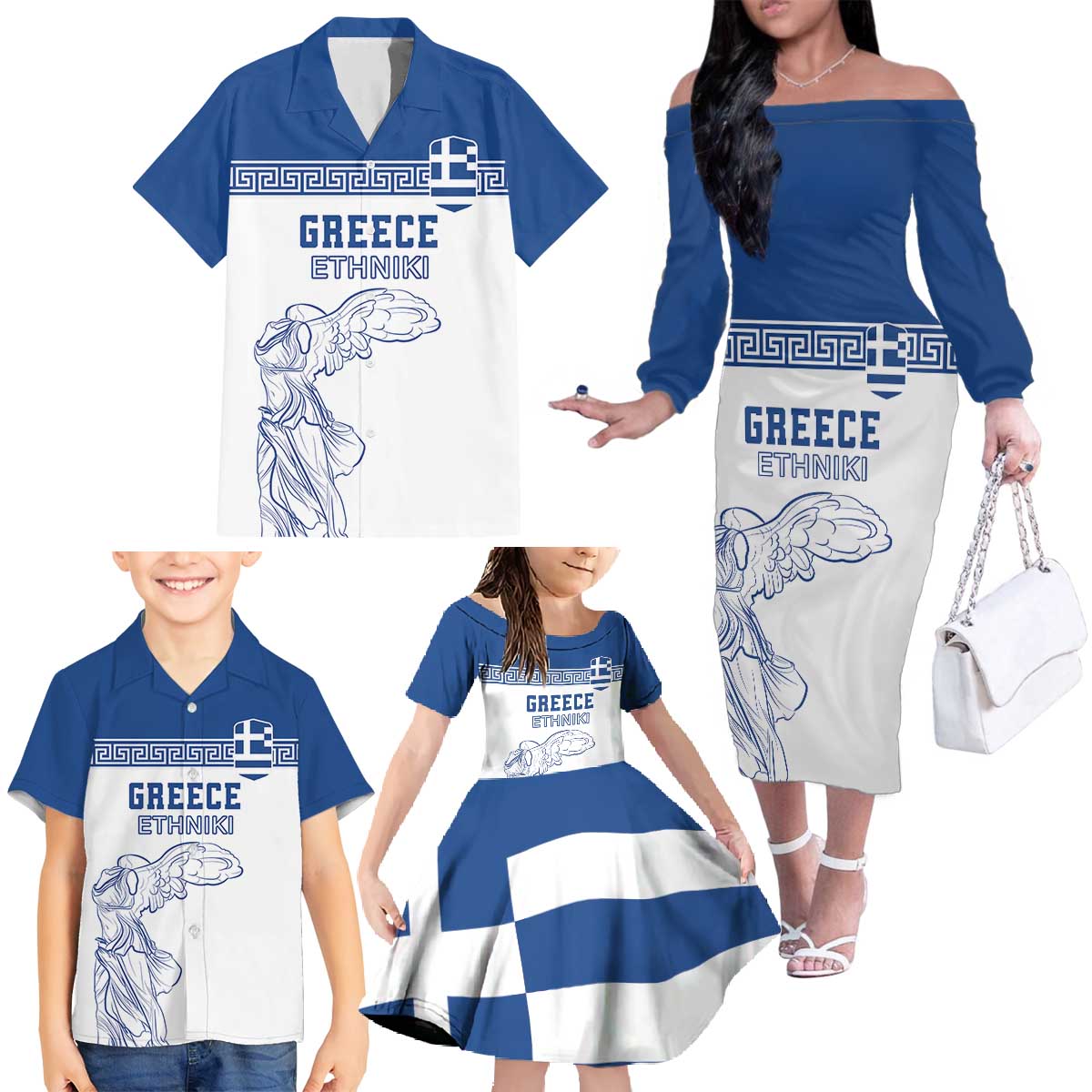 Custom Greece Football Family Matching Off The Shoulder Long Sleeve Dress and Hawaiian Shirt Go Champions Ethniki LT18