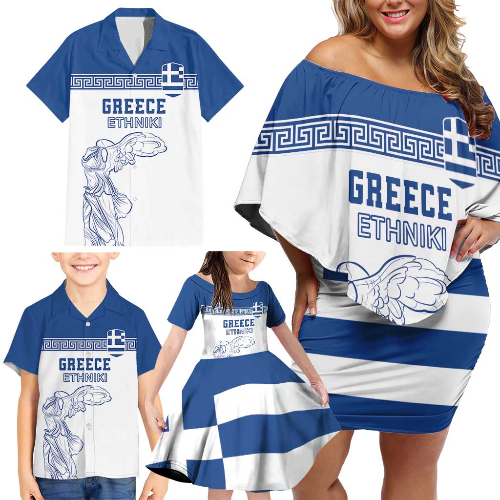 Custom Greece Football Family Matching Off Shoulder Short Dress and Hawaiian Shirt Go Champions Ethniki LT18